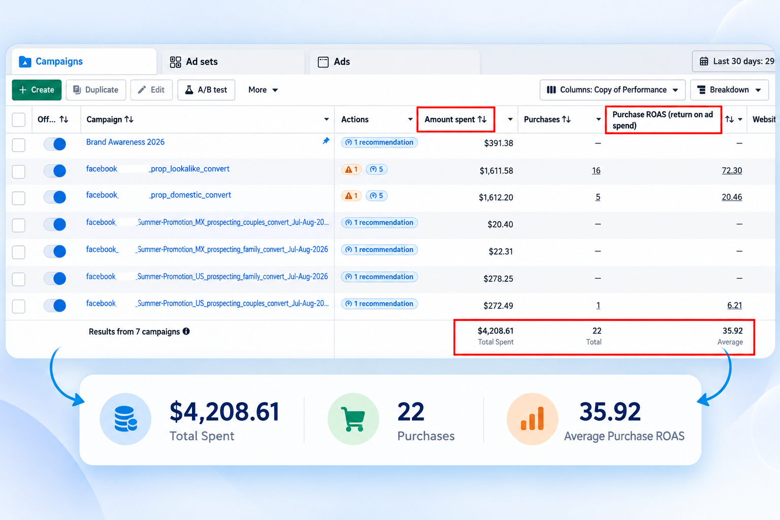 Meta Ads campaign performance example